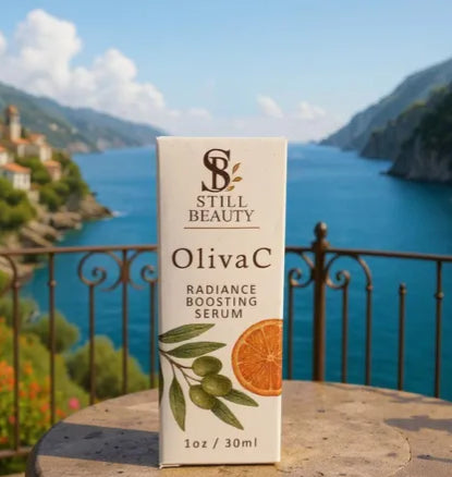 OlivaC Radiance Boosting Serum box with scenic background