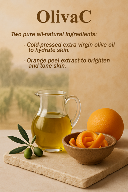 OlivaC ingredients, Olive oil and orange peel extract on a slate stone surface.