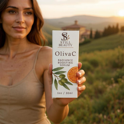 Woman holding a Still Beauty OlivaC serum box with a scenic background