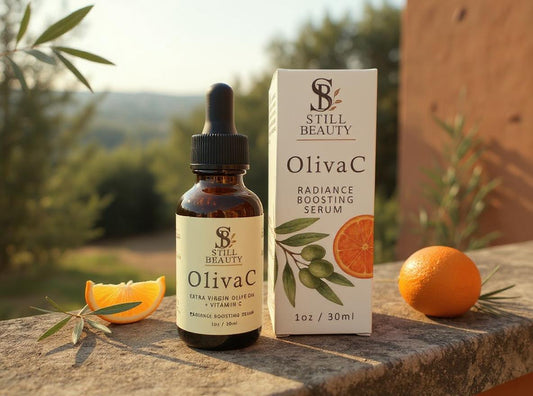 Still Beauty OlivaC serum bottle and packaging with oranges and olive branches on a natural background 
