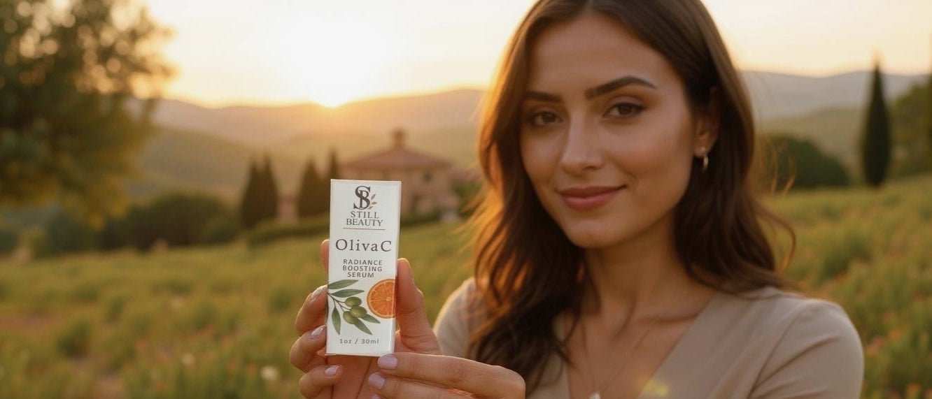 Woman holding Still Beauty OlivaC product in a scenic outdoor setting